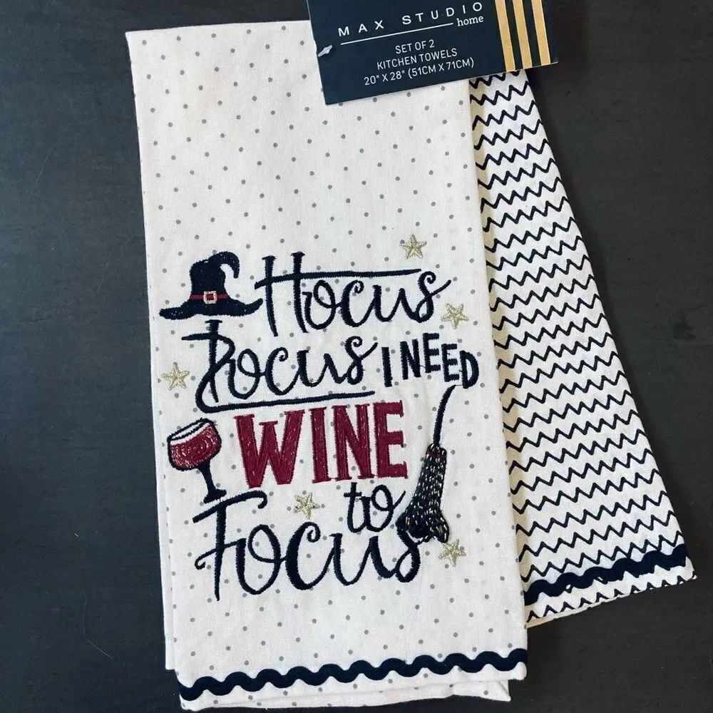 Halloween Hocus Pocus Wine Witch Fall Kitchen Dish Towels